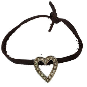 Upclcyed Avon Clear Crystal Silver Heart Charm Leather Bracelet Rhinestone